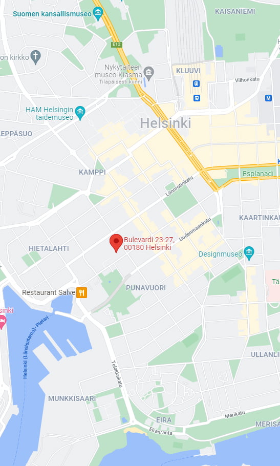 Helsingin kartta, johon on merkitty Aleksanterin teatteri